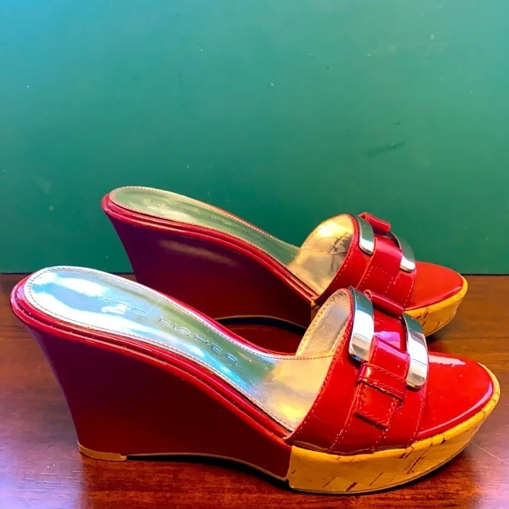 Women’s Marc Fisher Red Patent Leather with Silver Buckle Wedges Heels Size 6.5M